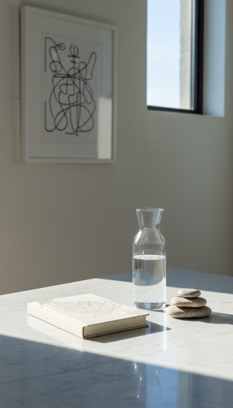 A polished stone desktop with a minimalist arrangement of a hardcover journal embossed with a subtle leaf motif, a sleek glass water carafe, and a small stack of smooth river stones. This serene still life sits against a backdrop of soft neutral walls and an abstract line-art print. Cool, diffused morning sunlight streams through a high window, casting gentle shadows and crisp highlights along the surface. The atmosphere is calm and contemplative, emphasizing holistic wellness. Photographed from a slightly elevated angle with balanced composition and sharp focus throughout, the image embraces a professional, clean, and structured style that reflects the site’s union of faith and wellness.