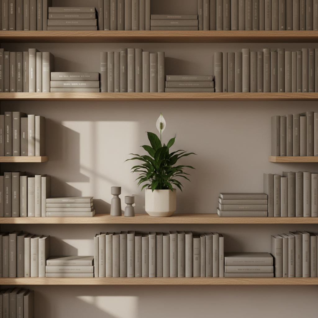 A contemporary bookshelf constructed from light oak, filled with neatly arranged books in muted taupe and grey covers, punctuated by a geometric ceramic planter holding a lush, deep green peace lily. The shelf stands against a soft beige wall, flanked by a pair of matte glass candleholders. Gentle, indirect afternoon light bathes the scene, creating subtle layered shadows and enhancing the peaceful, organized mood. Captured head-on at eye level, with crisp focus and a neutral color palette, the image conveys mental clarity and a professional, wellness-focused identity aligned with a holistic podcast aesthetic.